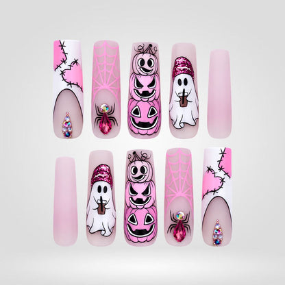 Pink Pumpkin Parade | Cute Ghost & Stitched Halloween Press-On Nails – Coffin