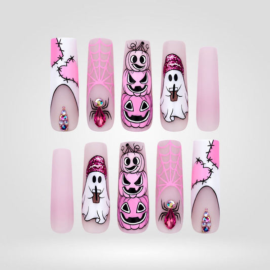 Pink Pumpkin Parade | Cute Ghost & Stitched Halloween Press-On Nails – Coffin