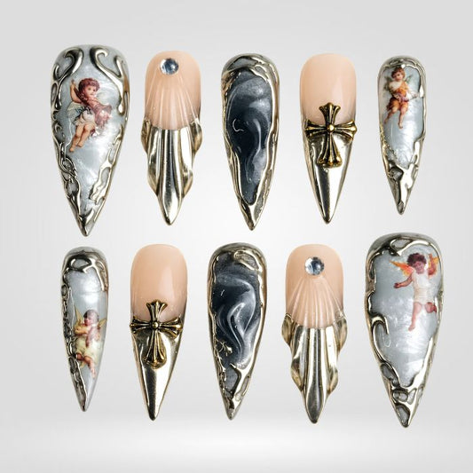 Fallen Angel Gothic Press-On Nails for Dramatic Metallic Style