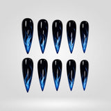 Midnight Blue Flame blue flame cat eye press-on nails in a stiletto shape - flame, chrome design