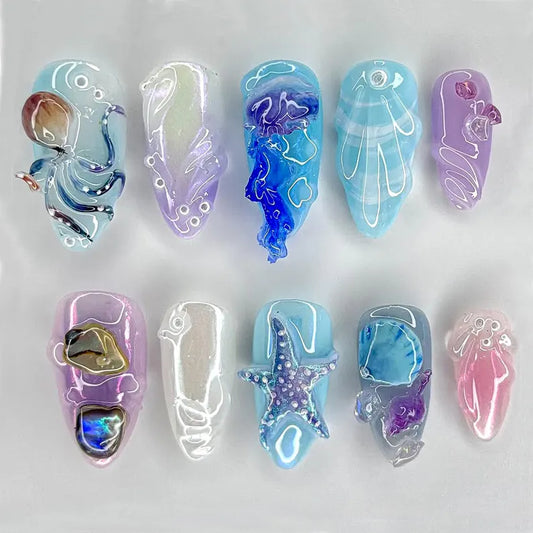 Sea Creatures | Hand-Painted & Watercolor Press-On Nails