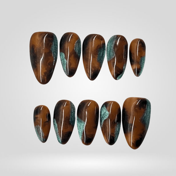 Mocha Mist brown and teal marble press-on nails with glossy finish