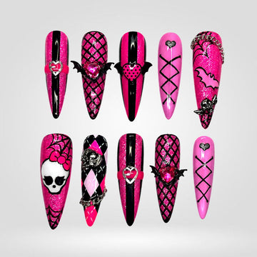Hot Hex hot pink and black gothic press-on nails in stiletto shape