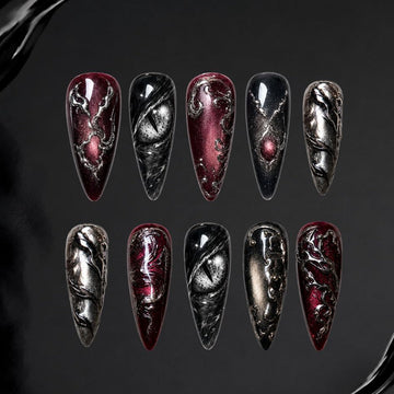 Black Queen press-on nails — 3D floral design on stiletto nails