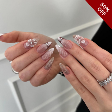 Blush Elegant press-on nails — romantic heart and bow design