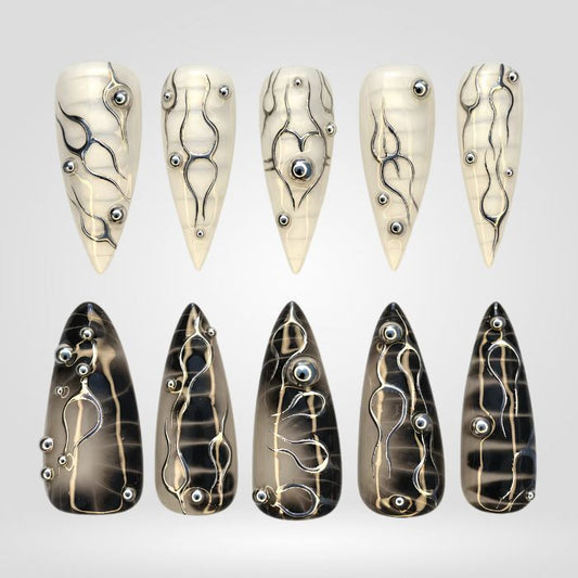 Chrome Circuit Press-On Nails with Y2K Gothic Detail