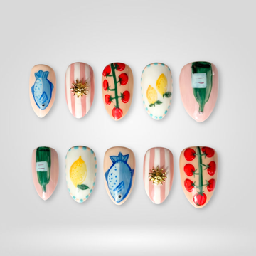 Tomato Charm press-on nails with market-inspired fruit design