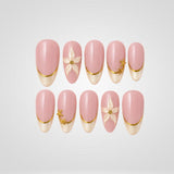 Elegant French 3D Floral press-on nails with pearl shimmer and gold accents
