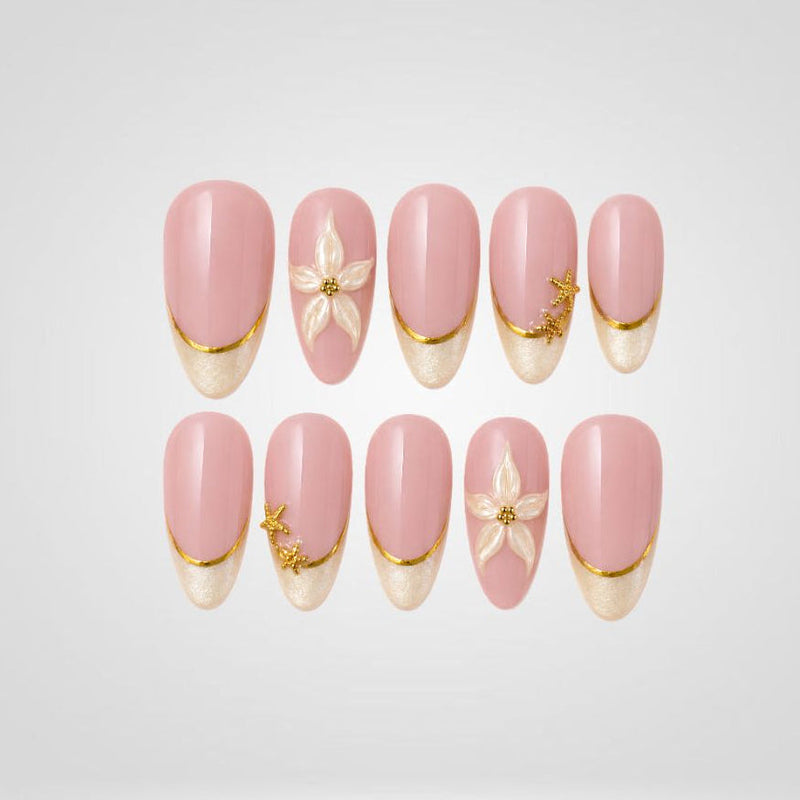 Elegant French 3D Floral press-on nails with pearl shimmer and gold accents