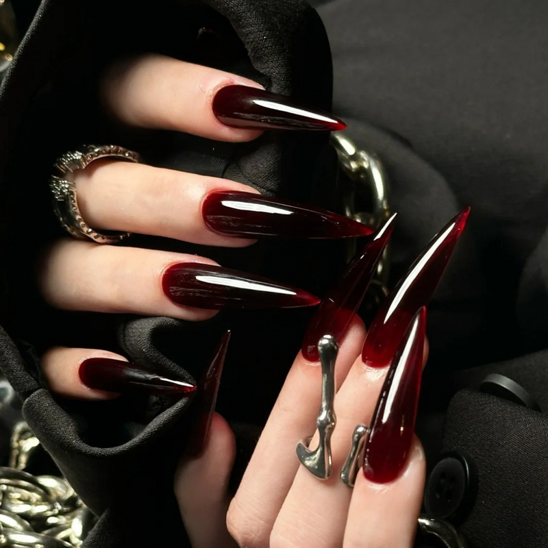 Vampire Kiss press-on nails — dark red and black gothic stiletto design