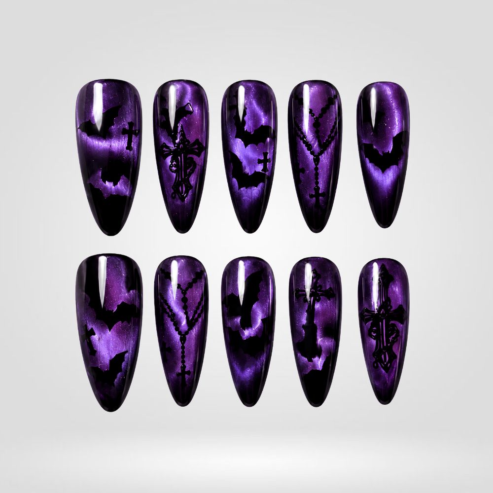 Electric Curse | Blue Bat Cat Eye Halloween Press-On Nails – Stiletto