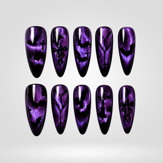 Electric Curse | Blue Bat Cat Eye Halloween Press-On Nails – Stiletto