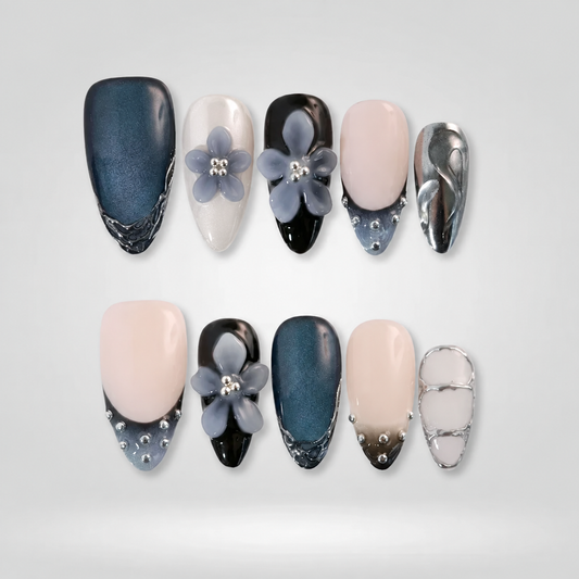 Steel Bloom 3D Flower Press-On Nails