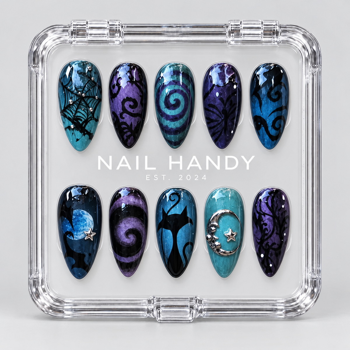 Moonlit Whiskers Halloween Almond Press-On Nails