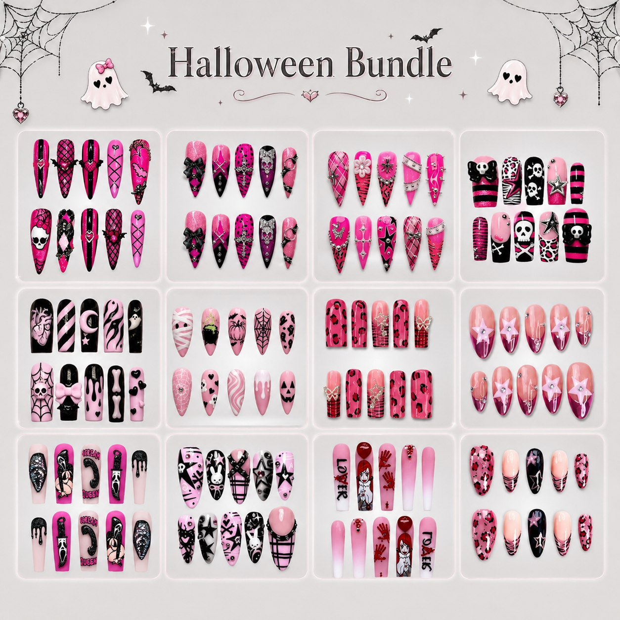 Bundle display showing twelve handmade press-on nail sets