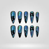 Mystic Ocean black cat holo cat eye press-on nails in a stiletto shape - cat, glitter design
