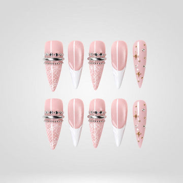Blush Lace press-on nails with delicate ribbon details