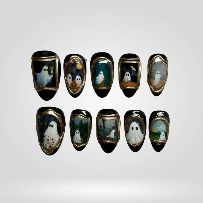 Haunted Portrait 3D ghost press-on nails with hand-painted vintage frames