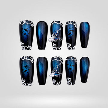 Blue Lace cat eye press-on nails — lace and butterfly accents