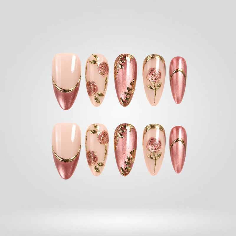 Mocha Veil press-on nails — handcrafted 3D floral design with ombré base