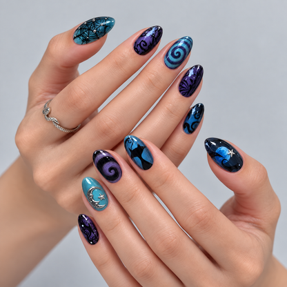Moonlit Whiskers Halloween Almond Press-On Nails