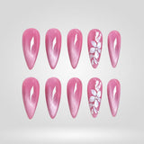 Pink Orchid press-on nails with cat eye effect and 3D floral details