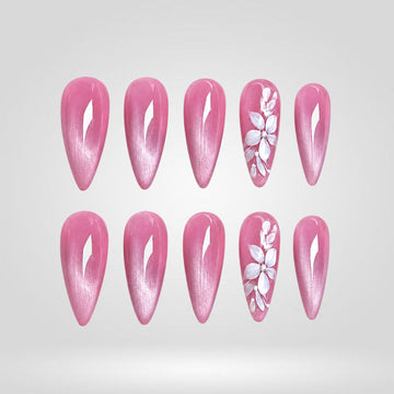 Pink Orchid press-on nails with cat eye effect and 3D floral details
