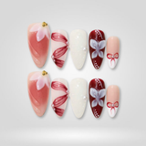 Blush Ribbon press-on nails — 3D bow and floral design