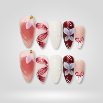 Blush Ribbon press-on nails — 3D bow and floral design