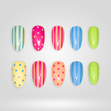 Lemon Stripe 3D floral press-on nails with polka dot design