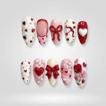 Blush Ribbon press-on nails — valentine bow and rose