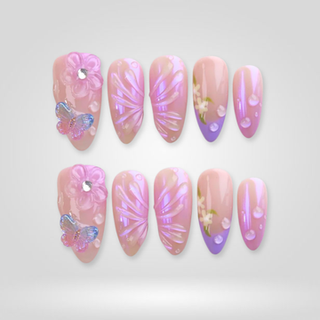 Vintage Pink 3D floral press-on nails with gold frames