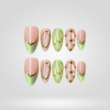 Sage Bloom 3D floral press-on nails with sage green and nude accents