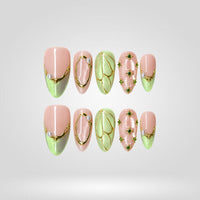 Sage Bloom 3D floral press-on nails with sage green and nude accents