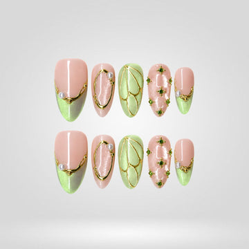 Sage Bloom 3D floral press-on nails with sage green and nude accents