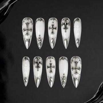 Ivory Vow 3D floral press-on nails - cream base, sculpted gold floral accents