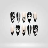 Skeleton Swirl black and white Halloween press-on nails — 3D swirl and skull details