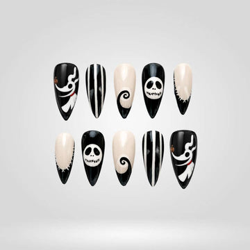 Skeleton Swirl black and white Halloween press-on nails — 3D swirl and skull details
