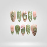 Olive Whisper 3D floral press-on nails with pink details