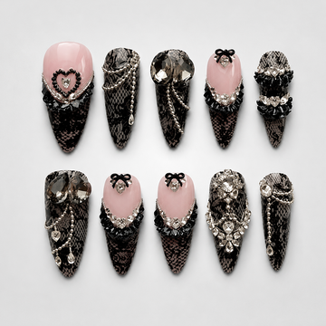 Lace Widow crystal heart press-on nails - black lace, blush pink, rhinestone design