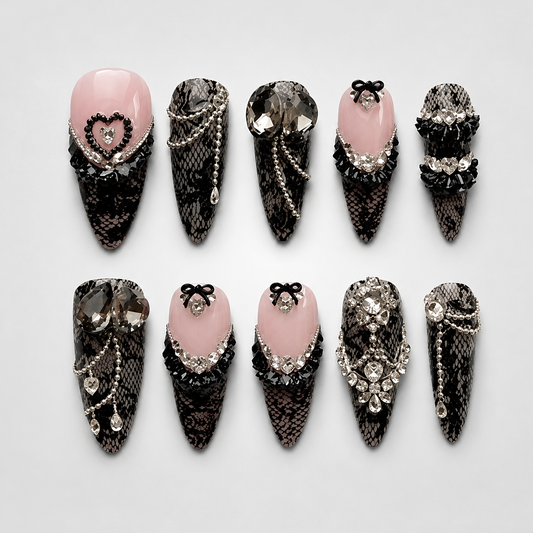 Lace Widow crystal heart press-on nails - black lace, blush pink, rhinestone design