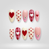 Candy Heart press-on nails — pink and red Valentine designs