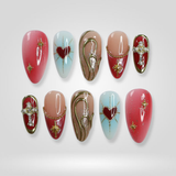 Rosy Dream Valentine press-on nails, hand-painted rosy pink with heart accents