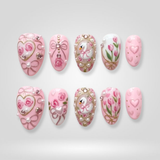 Swan Bloom press-on nails with romantic heart design