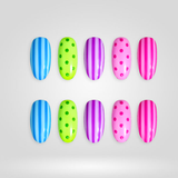 Neon Dot press-on nails — bright neon dots with 3D floral details on almond nails
