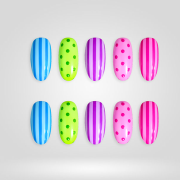 Neon Dot press-on nails — bright neon dots with 3D floral details on almond nails