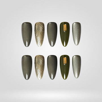 Moss Relic press-on nails in olive green with gold accents