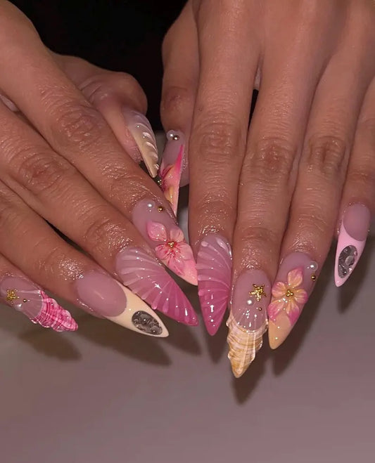 Floral Bliss Nailbox – Hand-Painted Shells, Flowers & Pearl Accent Press-On Nails