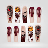 Crimson Web | Burgundy Spider & Pumpkin Halloween Press-On Nails – Coffin