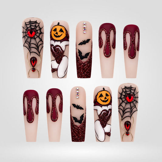 Crimson Web | Burgundy Spider & Pumpkin Halloween Press-On Nails – Coffin